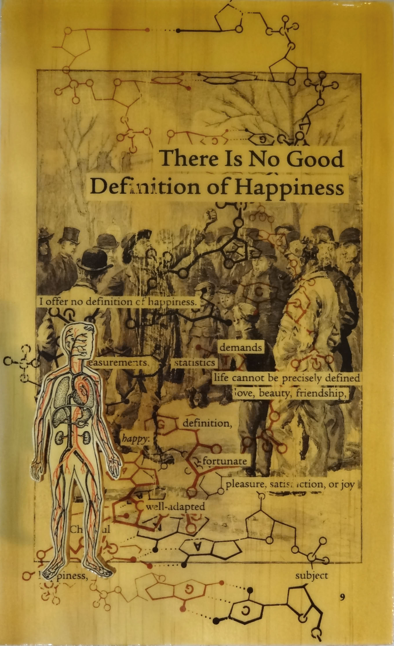 A collage featuring a group of people in historical attire, overlaid with anatomical drawings and chemical structures. Text reads "There Is No Good Definition of Happiness."