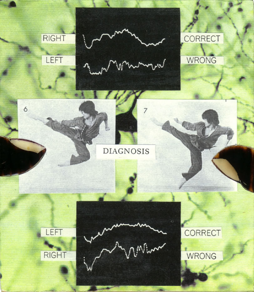 Collage with two black and white images of a person kicking, surrounded by graphs and labels reading "RIGHT," "LEFT," "CORRECT," "WRONG," and "DIAGNOSES" on a green background with black splatter patterns.
