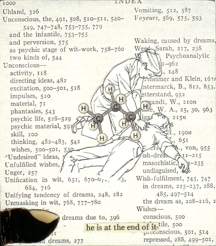 A collage featuring a vintage illustration of a person in a suit and hat leaning over another person lying down, with a background of text from a book index.