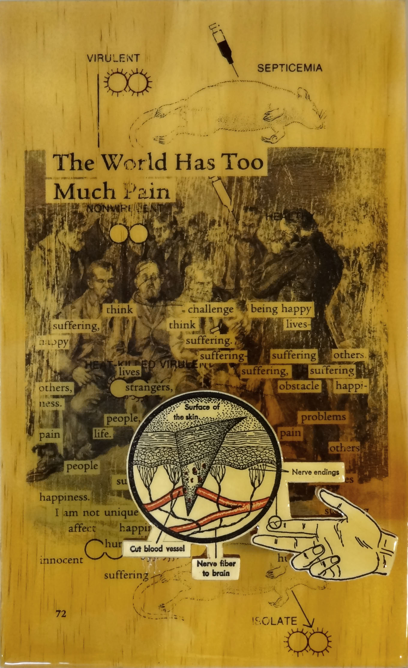 Collage with text "The World Has Too Much Pain," a vintage illustration of people, a compass, and various geometric shapes and lines on a wooden background.